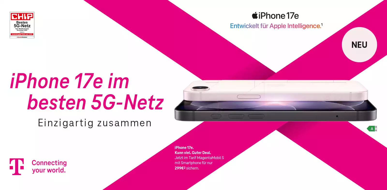 Telekom Magenta Werbung: iPhone 17e im besten 5G-Netz, zwei iPhones seitlich