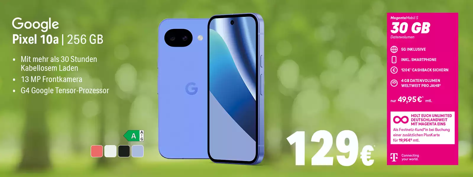 Google Pixel 10a Smartphone 256 GB, Angebot mit MagentaMobil S 30 GB