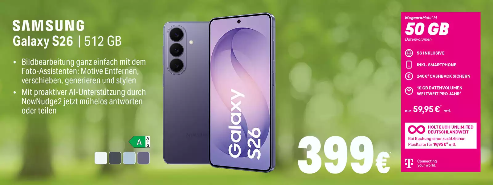Werbebanner Samsung Galaxy S26 512 GB mit MagentaMobil M 50 GB Tarif