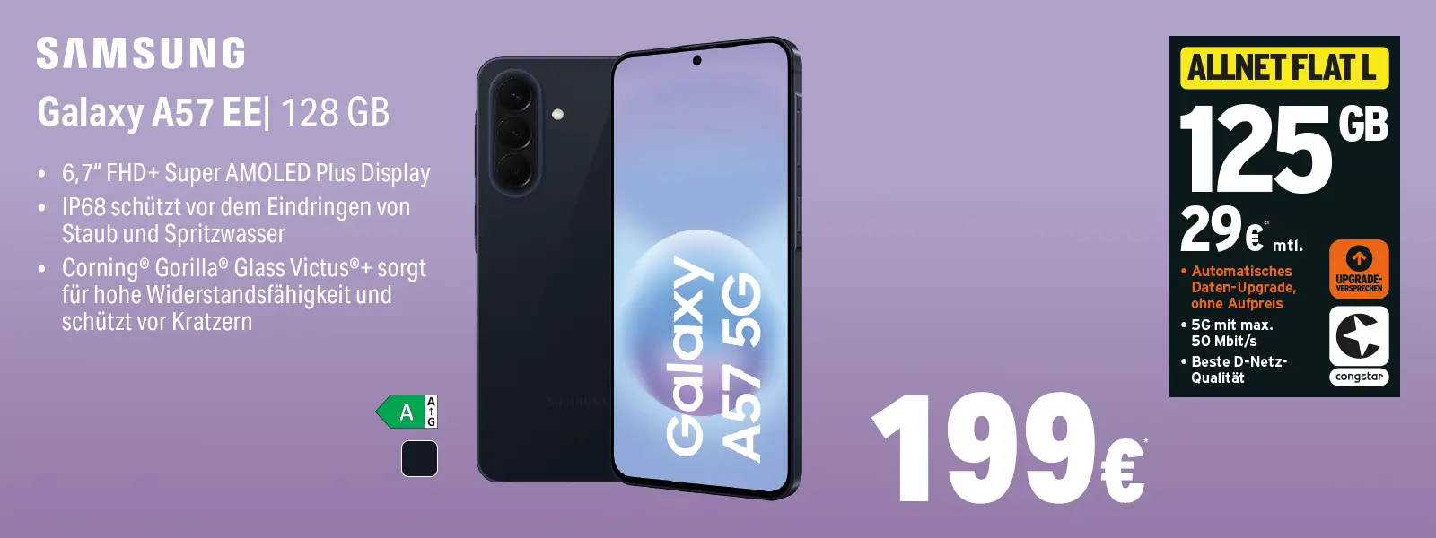 Werbung für Samsung Galaxy A57 5G mit 128 GB, Smartphone-Ansicht und Tarifinfo