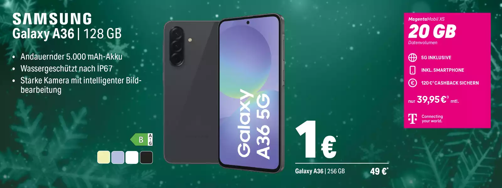 Samsung Galaxy A36 5G Smartphone mit 128 GB Speicher und 20 GB 5G-Tarif im Angebot.