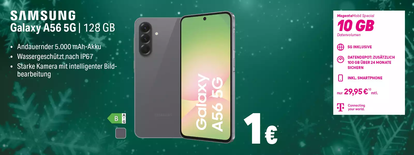 Samsung Galaxy A56 5G Angebot mit 128 GB, 10 GB 5G-Datenvolumen und Vertrag.