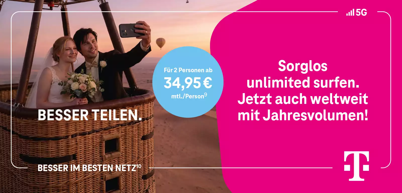 Junges Paar macht Selfie im Heißluftballon bei Sonnenaufgang, Telekom 5G Werbung.