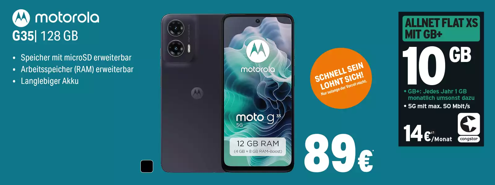 Motorola G35 Smartphone 128GB, 12GB RAM, Allnet Flat XS 10GB, Angebot mit langlebigem Akku.