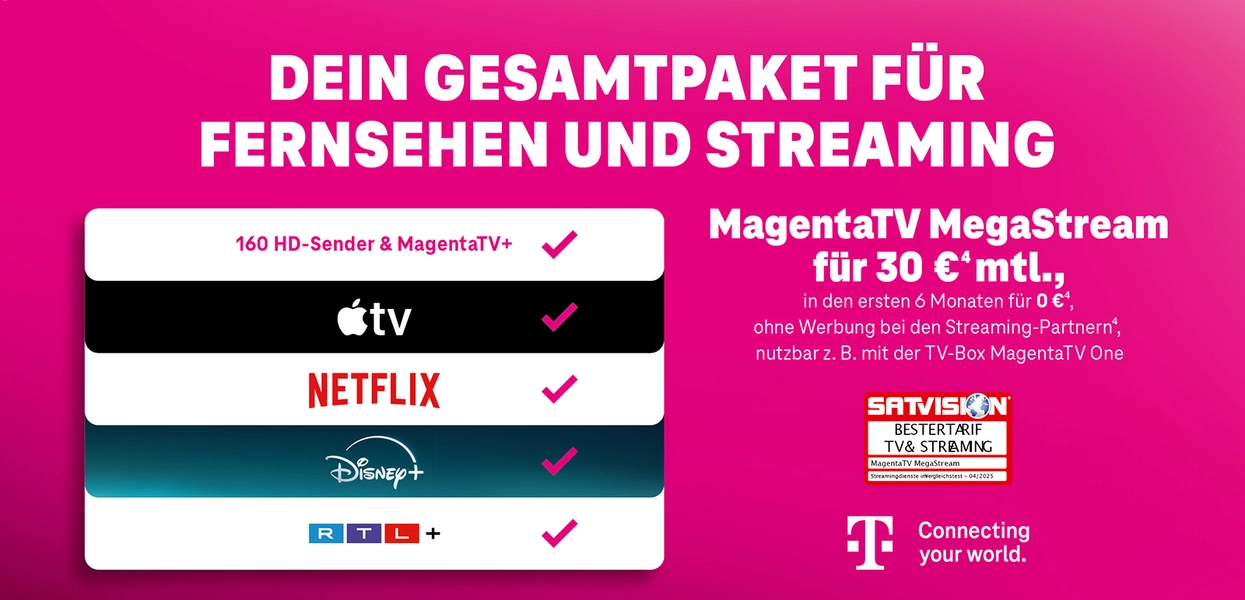 MagentaTV MegaStream Angebot mit 160 HD-Sendern, Apple TV, Netflix, Disney+ und RTL+.