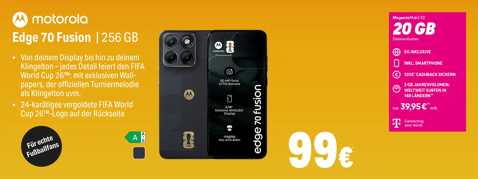 Werbebanner: Motorola Edge 70 Fusion 256 GB Smartphone mit FIFA-Logo und 5G-Tarif.