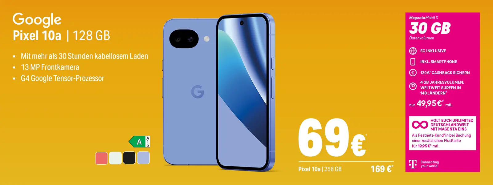 Werbebanner für Google Pixel 10a Smartphone mit 128 GB und Tarifoptionen
