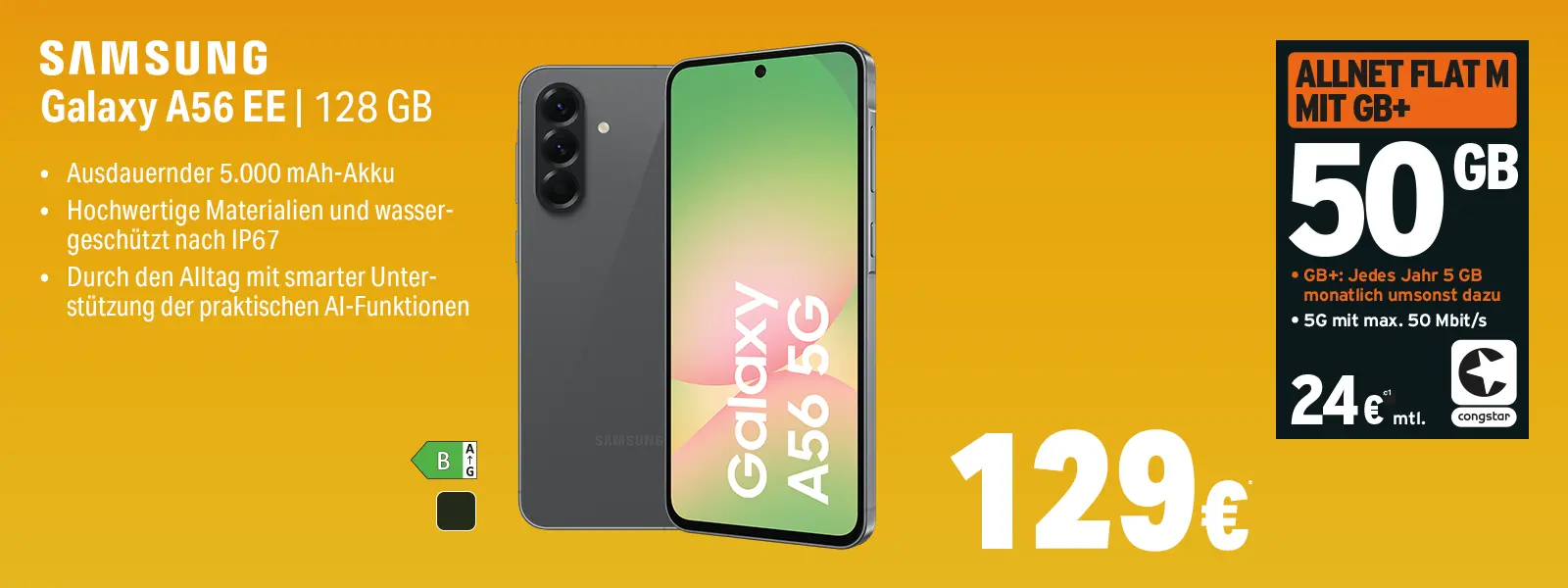 Samsung Galaxy A56 EE 128 GB Angebot mit 50 GB Allnet-Flat und 5G Tarif