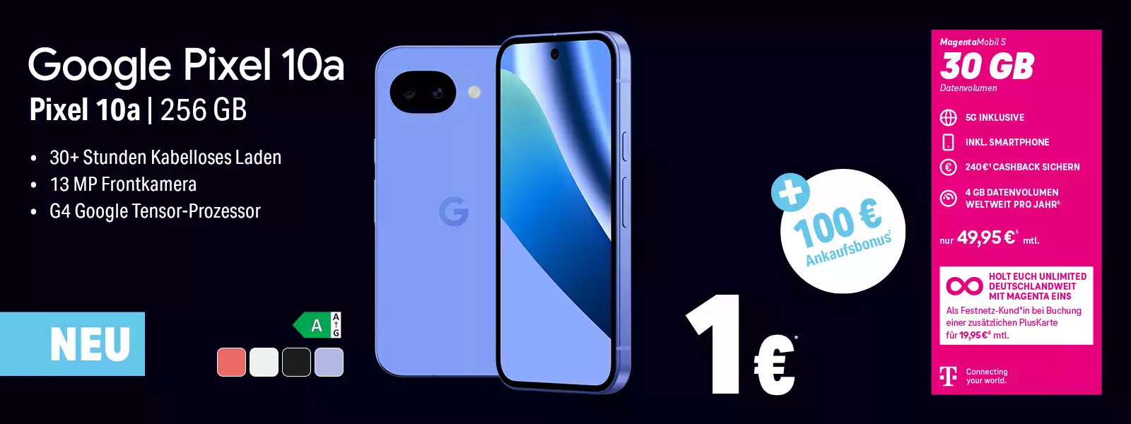 Google Pixel 10a 256 GB Smartphone Angebot mit 30 GB Tarif und Bonus