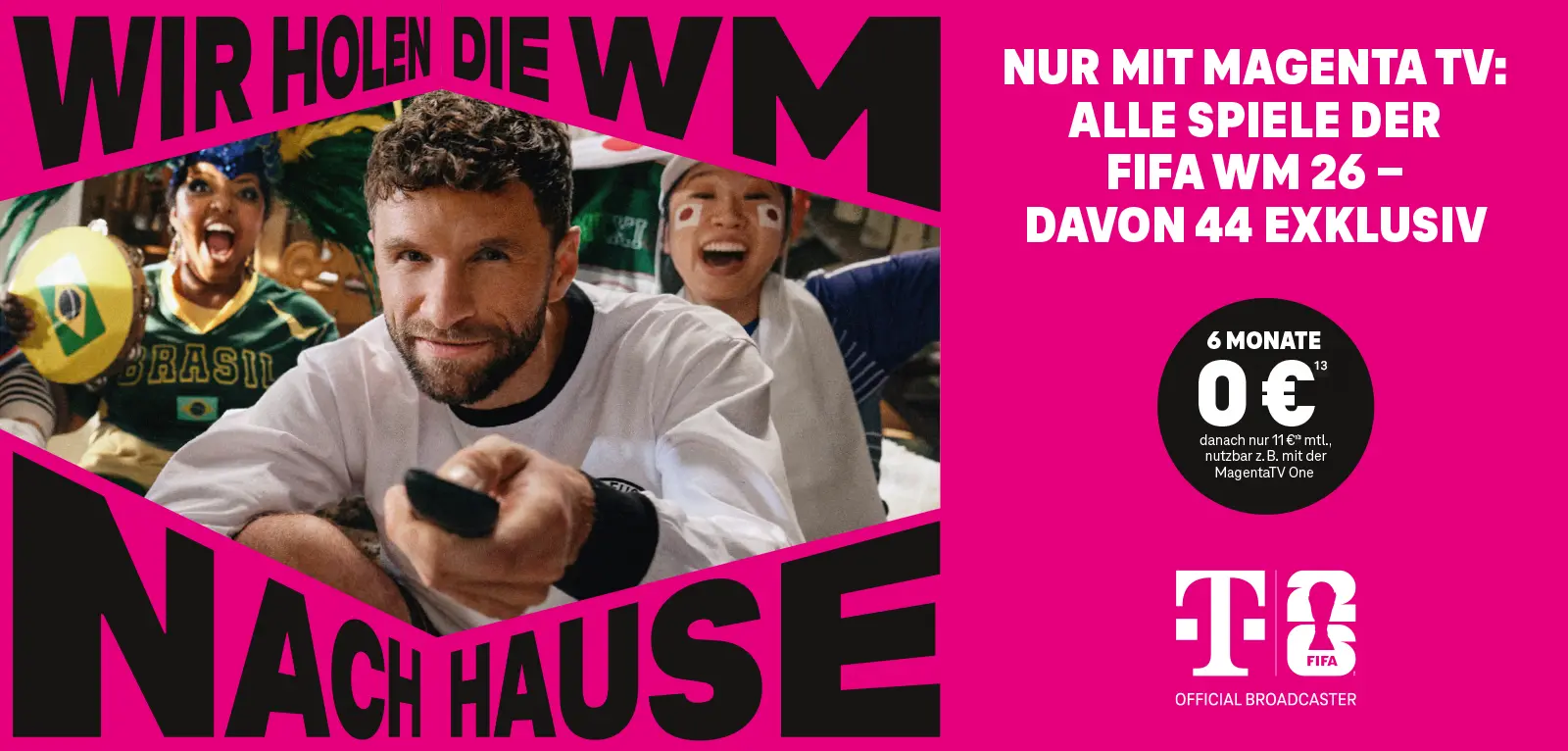 MagentaTV Werbung: Fans schauen FIFA WM 26 Spiele, Mann mit Fernbedienung