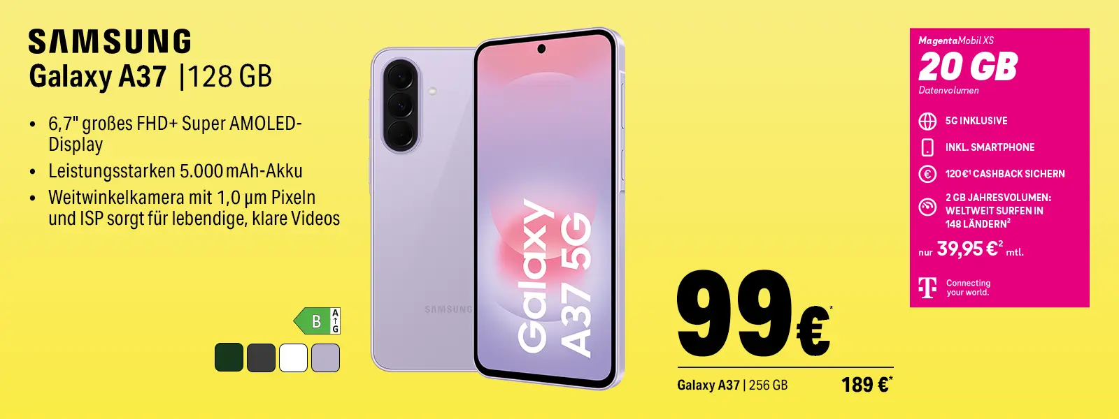 Samsung Galaxy A37 128 GB 5G Smartphone Angebot mit MagentaMobil XS 20 GB