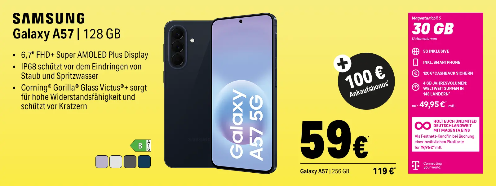 Samsung Galaxy A57 128 GB mit 5G, Super AMOLED Plus Display, IP68 Schutz