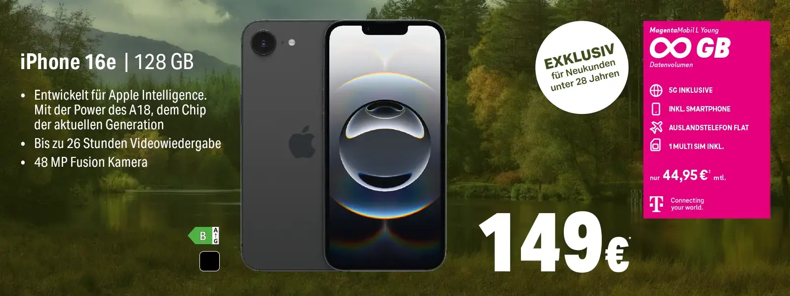 Werbebanner iPhone 16e 128 GB mit MagentaMobil Young Tarif und 5G-Flat