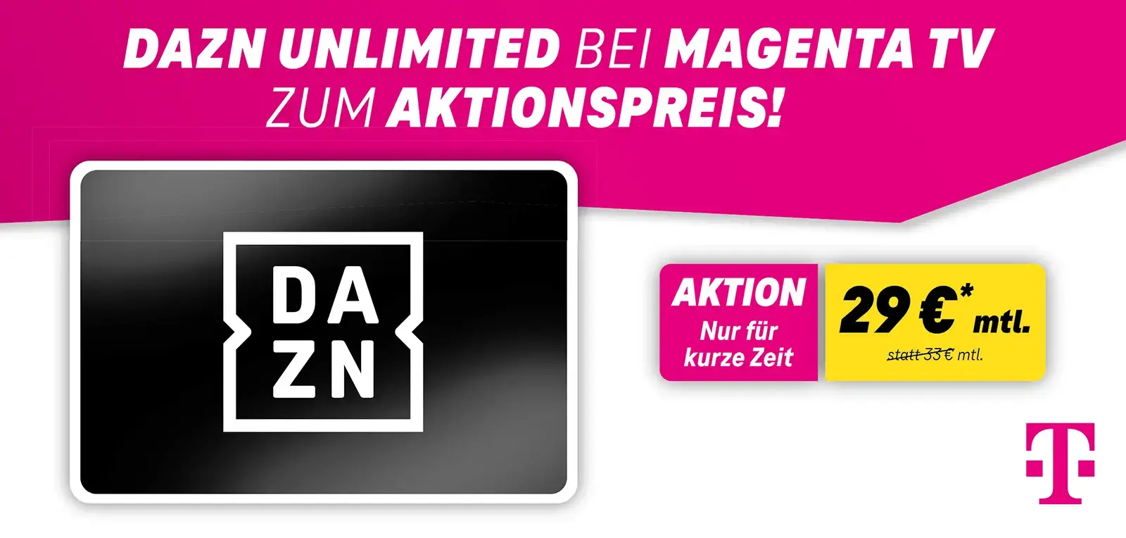 DAZN Unlimited bei MagentaTV Aktion, Werbegrafik mit DAZN-Logo und Telekom-Icon