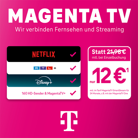 MagentaTV Angebot mit Netflix, RTL+, Disney+ und 160 HD-Sendern auf pinkem Hintergrund.