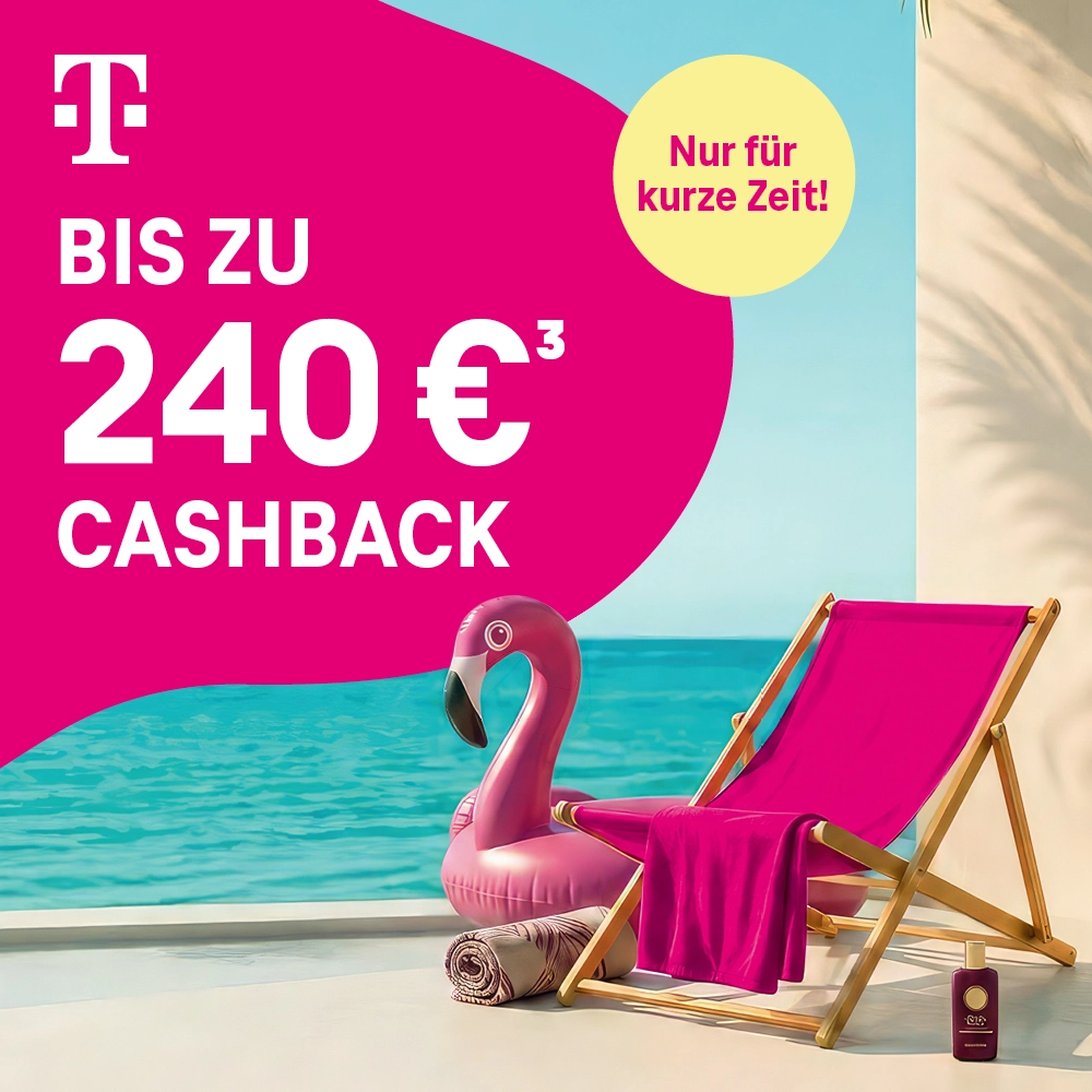 Telekom Cashback-Aktion: Liegestuhl am Meer mit Flamingo und Hinweis kurzzeitig.